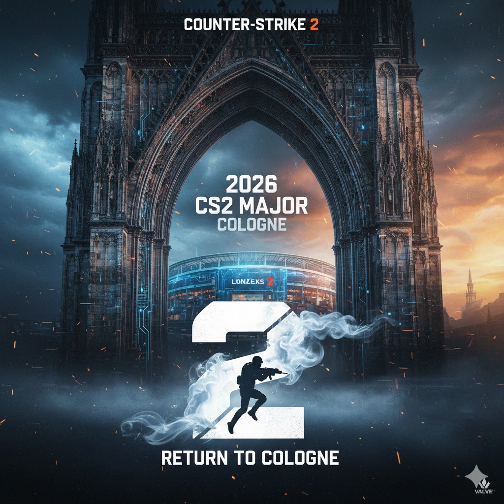 Promotional poster for the 2026 CS2 Major in Cologne, featuring a gothic archway framing the Lanxess Arena with a tactical soldier silhouette inside a large number two.