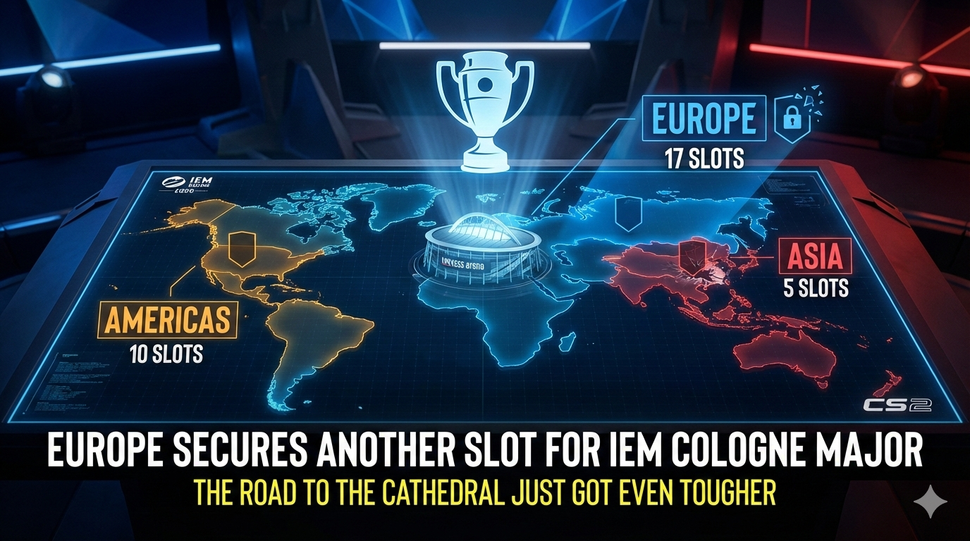 Digital graphic showing the IEM Cologne CS2 Major regional slot distribution on a holographic world map: Europe (17 slots), Americas (10 slots), and Asia (5 slots) with the LANXESS Arena in the center.
