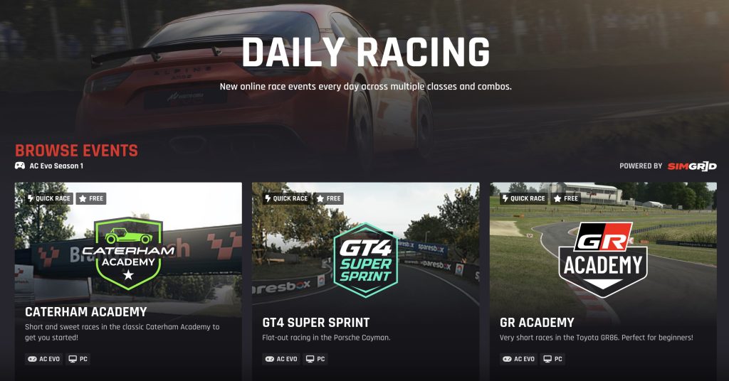 Assetto Corsa EVO Daily Racing Portal interface showing the SimGrid Grid Rating matchmaking system and available online races