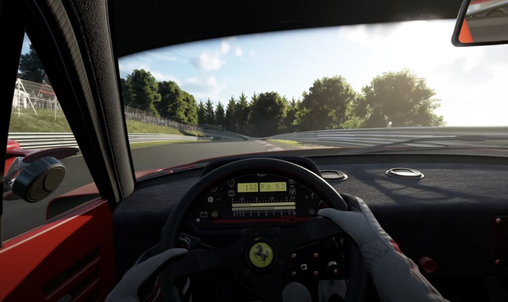 Assetto Corsa EVO cockpit view at Nordschleife showcasing the sim's visual fidelity and immersive driving atmosphere