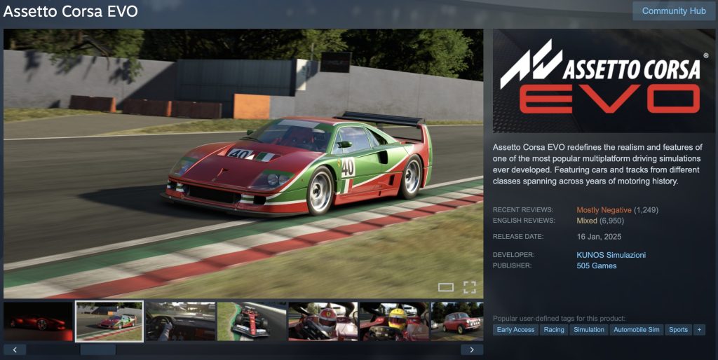 Assetto Corsa EVO Steam review summary showing a recent Mostly Negative rating of 32 percent positive alongside the overall Mixed rating