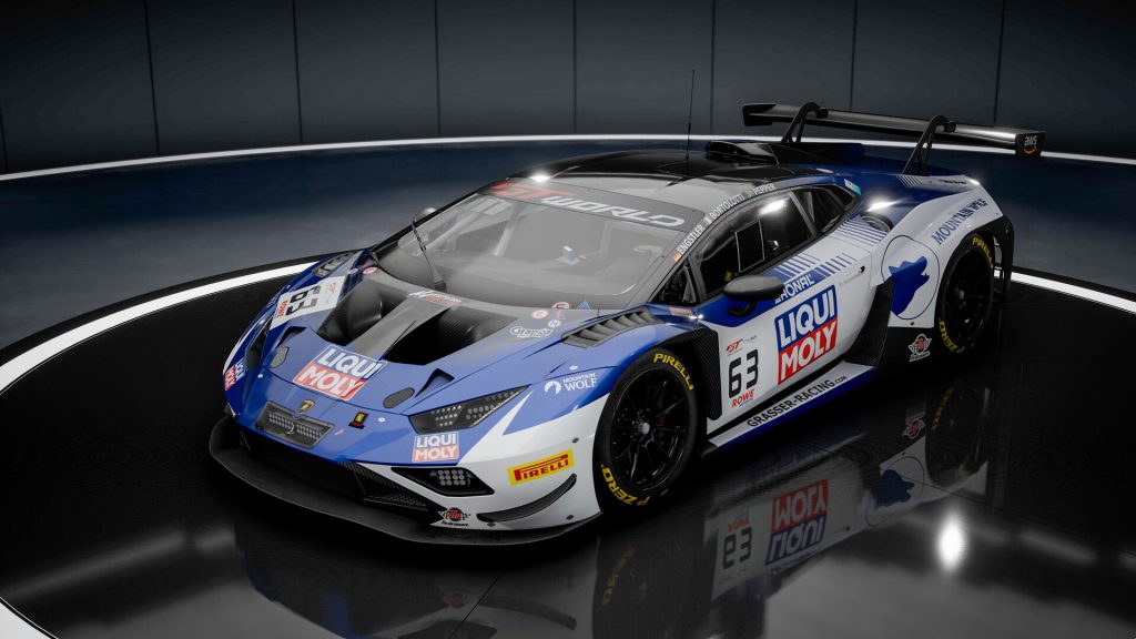 Side profile view of the Lamborghini Huracán GT3 EVO2 in the Assetto Corsa Competizione garage