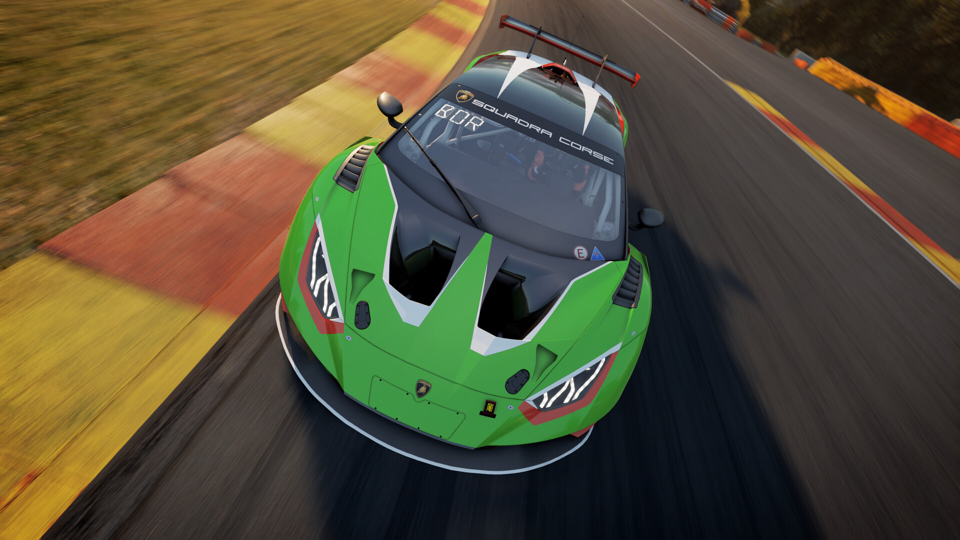 Lamborghini Huracán GT3 EVO2 racing through the Eau Rouge corner at Spa-Francorchamps in Assetto Corsa Competizione