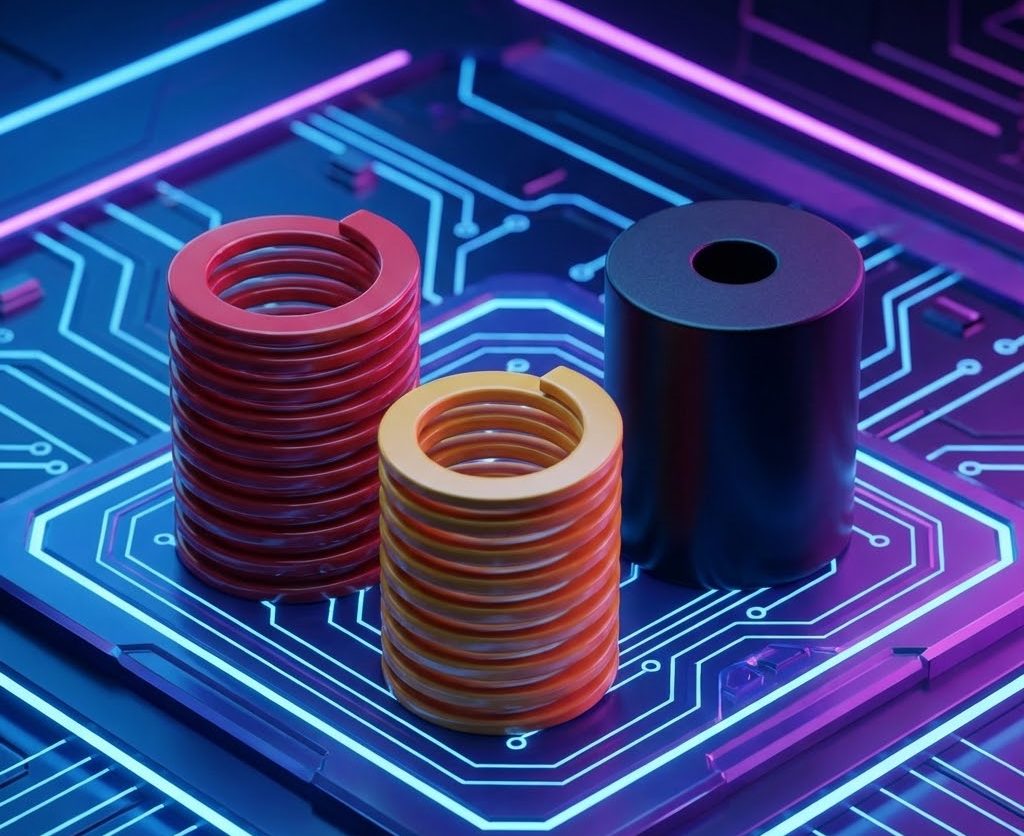 Close-up of the Moza SR-P Accessory Kit contents showing two coil springs of different stiffness levels and the alternative brake damper