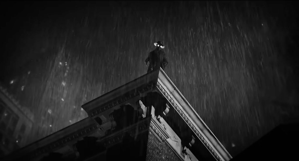 Rain-soaked 1930s city alley at night with dramatic lighting and noir atmosphere