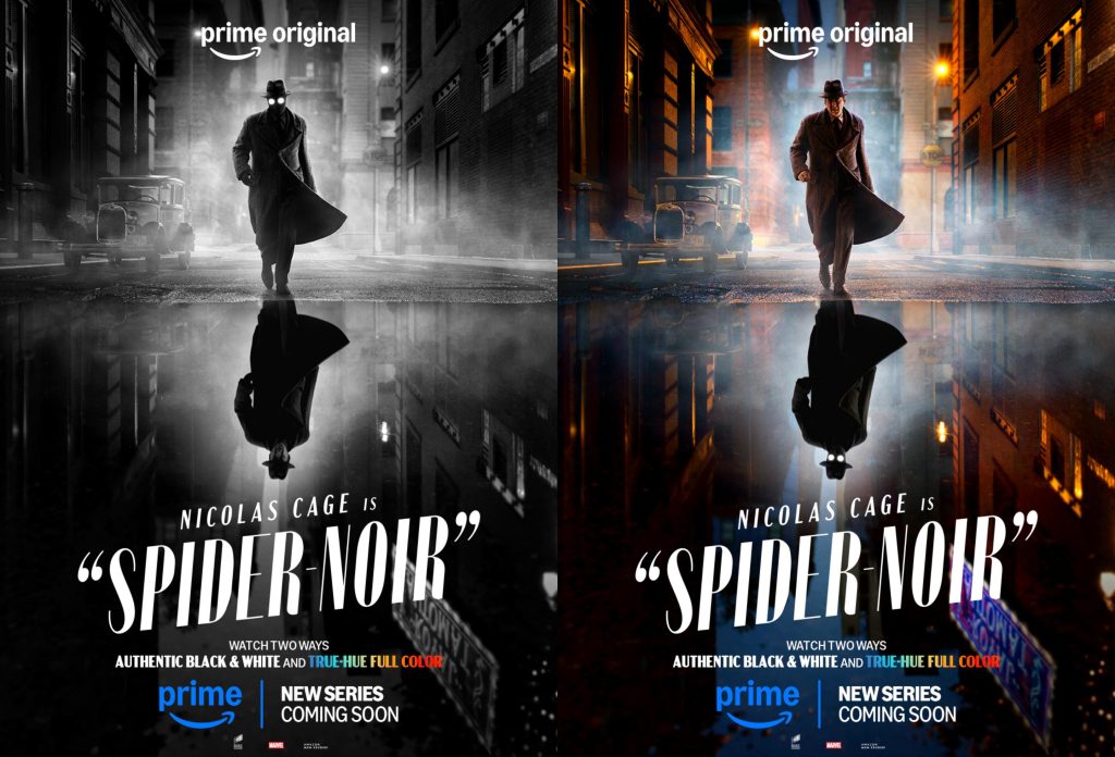 Split screen showing black-and-white noir aesthetic versus color version of 1930s cityscape